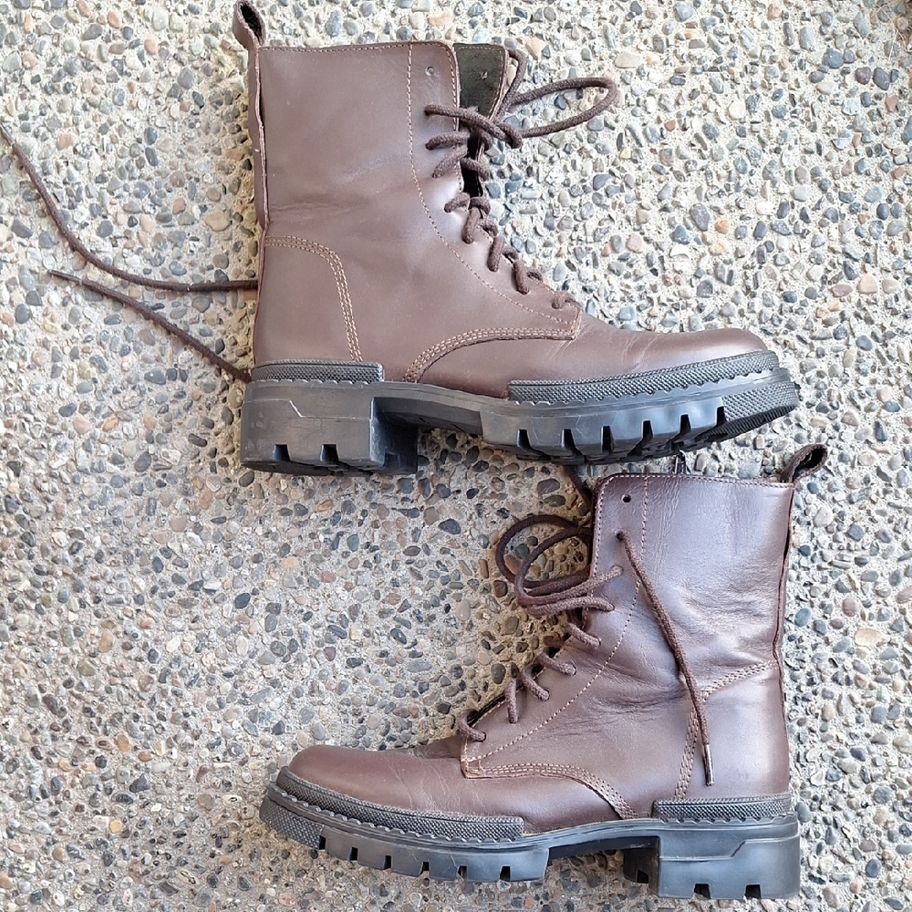 Steve Madden Brown Leather Jamisyn  Lace Up Chunky Sole Boots Size 10